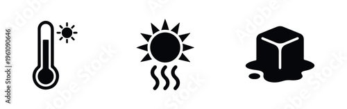 Collection of weather and climate icons depicting high temperature, a sun heatwave, and a melting ice cube, symbolizing global warming and heat.