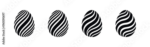 Set of four stylized black Easter eggs with wavy and spiral stripe patterns, minimalist vector icons for holiday decorations.