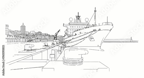 Sketch of a large ship docked at a busy harbor with city skyline