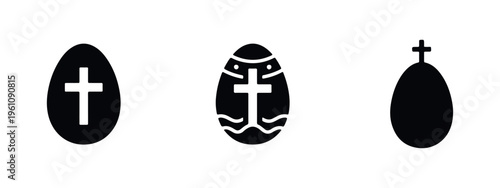 Set of three minimalist black Easter egg icons with Christian crosses, symbolizing religious faith and resurrection. Flat vector illustration.