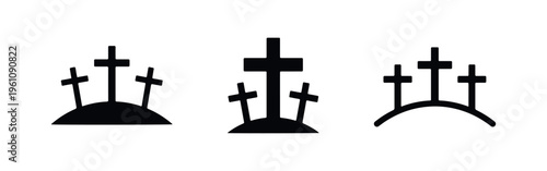 Three minimalist black silhouette icons representing Calvary hill with crosses, perfect for Easter, Good Friday, and Christian religious themes.