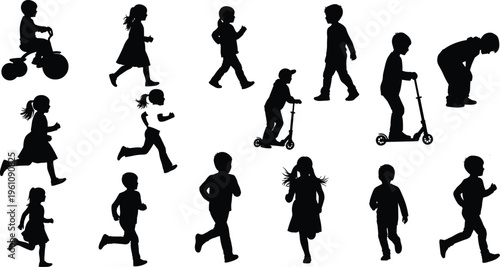 Collection of black silhouettes of children in diverse playful poses including running, walking, standing, and riding scooters or tricycles, perfect for design, education, sports, and creative artwork