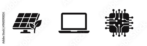 Set of black technology and green energy icons featuring a solar panel with a leaf, a laptop computer, and a microchip on a white background.