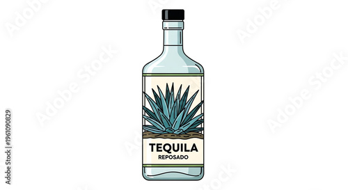 A vector graphic illustration of a tequila bottle with a label featuring an agave plant design