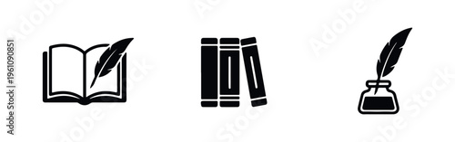 Set of minimalist black icons featuring an open book with a quill pen, a stack of books, and an inkwell with a feather pen on a white background.