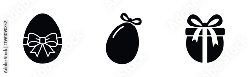 Set of three minimalist black Easter egg icons with decorative bows and ribbons, symbolizing holiday gifts and celebration on a white background.