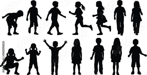 Collection of black silhouettes of children in diverse playful poses including running, walking, standing, squatting, and raising arms, perfect for design, education, sports, and creative artwork 