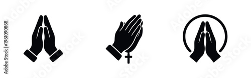 Set of minimalist black praying hands icons, including designs with a rosary and a halo, symbolizing faith, prayer, and religious devotion.