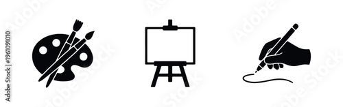 Three minimalist black art icons: a painter's palette with brushes, an artistic easel with blank canvas, and a hand drawing with a pen on white.