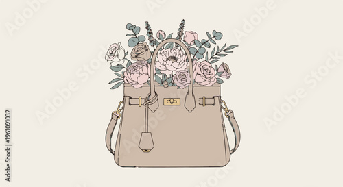Soft beige handbag overflowing with pastel pink roses and greenery