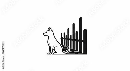 Stylized dog silhouette sitting before a graphic representation of a fence
