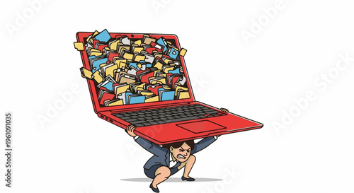Stressed businesswoman crushed by overflowing laptop data