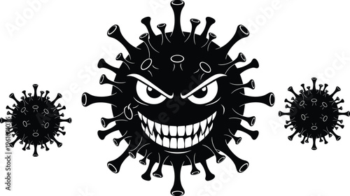 Angry virus monster silhouette illustration, evil bacteria character vector with teeth, coronavirus pathogen mascot design, medical germ infection graphic, black.