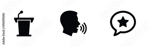 Black icons for public speaking, communication, and feedback: a podium with a microphone, a person speaking, and a speech bubble with a star.