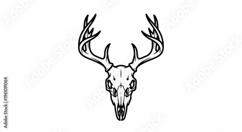 Stylized black and white illustration of a deer skull with antlers
