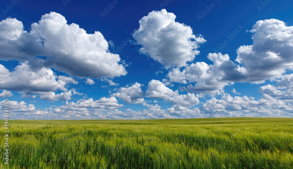Fototapeta premium Vast green field beneath a bright blue sky with fluffy white clouds