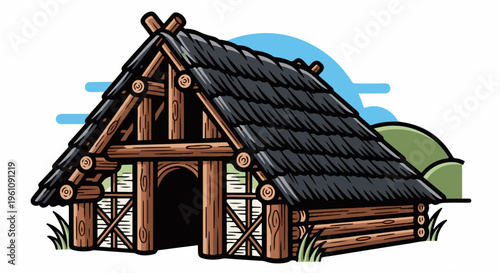 Rustic wooden structure with dark shingled roof and green hills background