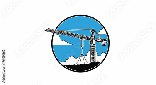 Silhouette of a construction crane against a blue sky with clouds
