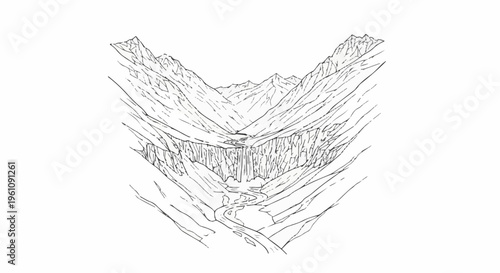 Sketch of a winding river flowing through a dramatic, steep mountain valley with a waterfall
