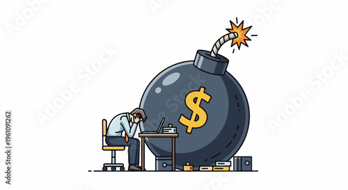Stressed worker faces financial bomb in cartoon illustration