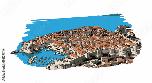 Stylized drawing of a historic fortified coastal city with red roofs and blue sea