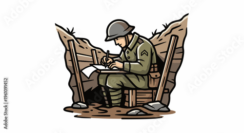 Soldier in trench writing on paper with a pen