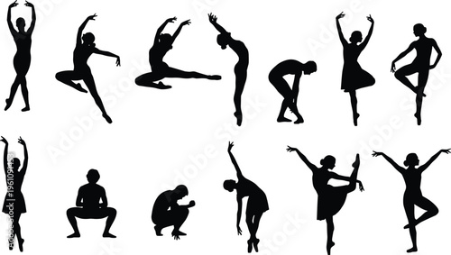 Ballet dancer silhouettes collection featuring graceful ballerina poses, jumping, stretching, and classical dance movements for artistic performance and theater vector design,