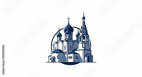 Stylized drawing of a multi-domed church with a bell tower, enclosed in a circle