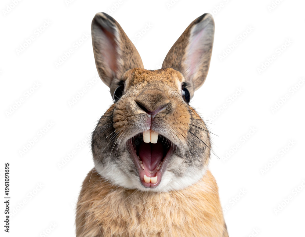 Fototapeta premium A wild rabbit with open mouth and prominent teeth, expressing excitement
