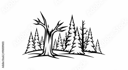 Stylized black and white illustration of a forest with varied evergreen trees and a single bare tree
