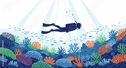 Silhouette of a diver exploring a vibrant coral reef teeming with fish