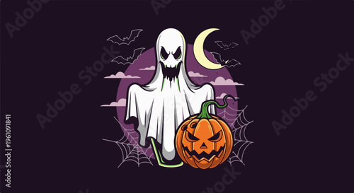Spooky ghost with jack-o'-lantern, moon, bats, and cobwebs on dark purple background