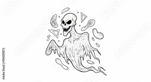 Spooky skeletal phantom with swirling abstract shapes in black and white
