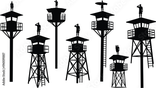 Beach lifeguard tower silhouettes set featuring watchtowers with lifeguards, surfing boards, wooden observation decks, and coastal safety stations vector illustration,