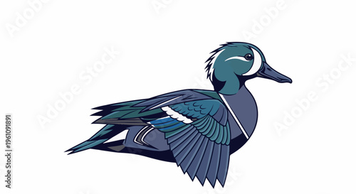 Stylized duck illustration with teal and dark blue plumage and white accents