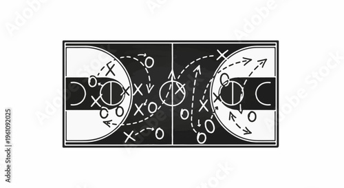 Sport play diagram on a chalkboard showing strategy with X's, O's, and arrows
