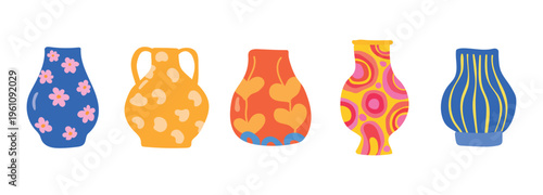 Cute bright patterned empty vases set dopamine decor flat vector