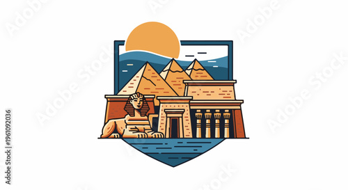 Stylized Egyptian scene with sphinx, pyramids, temple, and sun