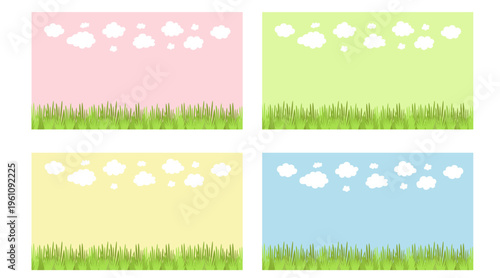 Collection of four simple nature landscapes with green grass and white clouds. Versatile background set in pastel pink green yellow and blue colors.