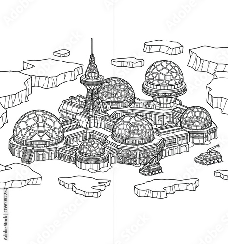 Detailed futuristic arctic base line art illustration