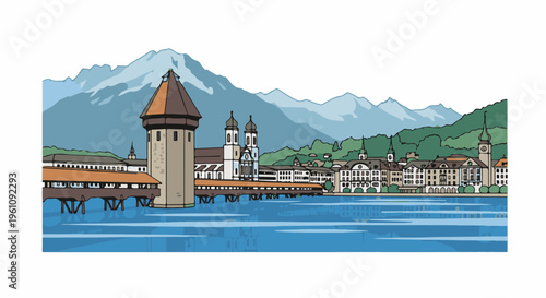 Scenic town with covered bridge, towers, and mountains reflected in water