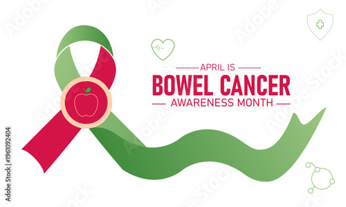 Bowel Cancer Awareness Month - Red and Green Ribbon, Apple Icon, Health Awareness