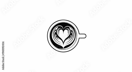 Stylized black and white illustration of coffee with a heart shape