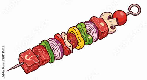 Skewer with meat, onions, peppers, tomatoes, and mushrooms for grilling