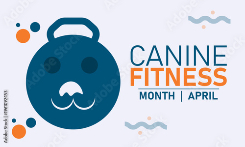 Canine Fitness Month - Dog Face, Kettlebell, Waves on Blue Background, Dog Training