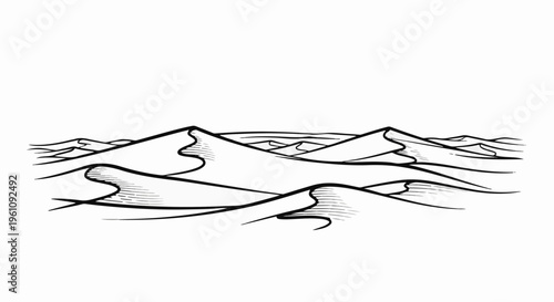 Stylized black and white illustration of rolling desert sand dunes under a vast sky
