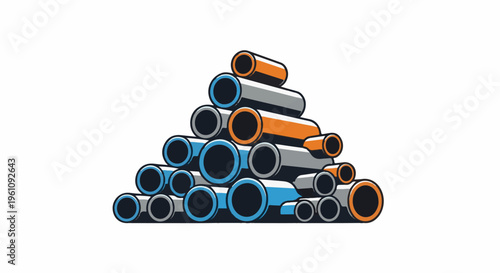 Stacked cylindrical pipes of various colors and sizes on a white background