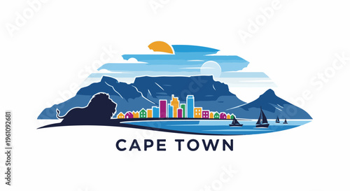 Silhouette of a lion, colorful buildings, mountains, ocean, sailboats, sun & moon