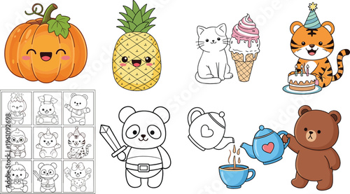 Cute cartoon collection with pumpkin, pineapple, animals, tea set and coloring pages, playful vector illustration for kids, nursery activities and fun design projects