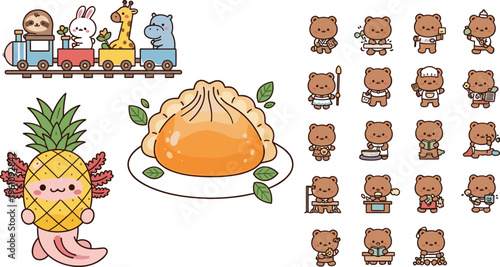 Cute cartoon collection with animals on train, axolotl pineapple, dumpling and bear activity set, colorful vector illustration for kids and playful design projects